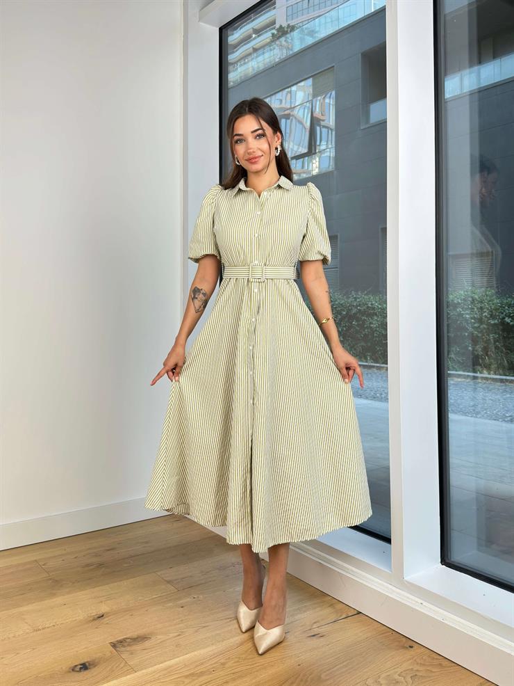 Önü Düğme Kapamalı Balon Kol Beli kemerli Erasto Kadın Çizgili Yeşil Elbise 24Y743