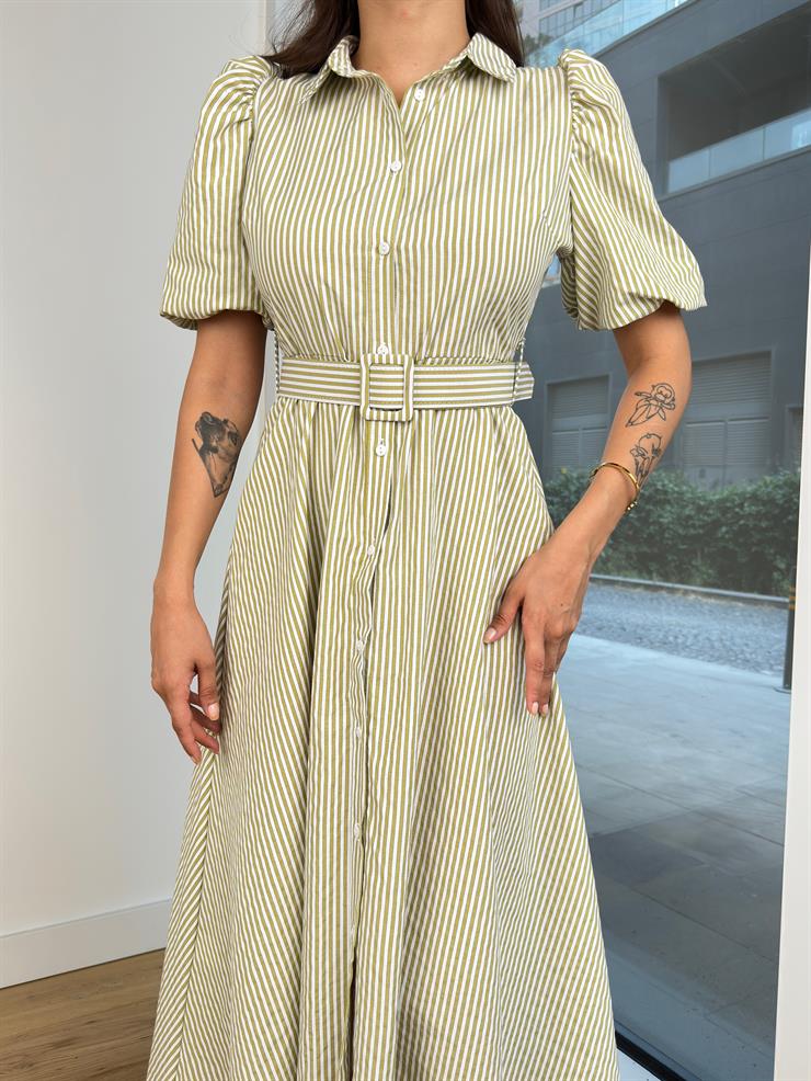 Önü Düğme Kapamalı Balon Kol Beli kemerli Erasto Kadın Çizgili Yeşil Elbise 24Y743