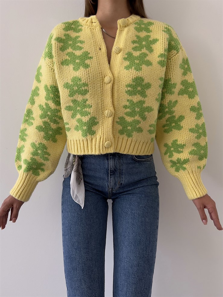 Önü Düğme Kapamalı Çiçek Desenli Glen Kadın Sarı Hırka 23K000170