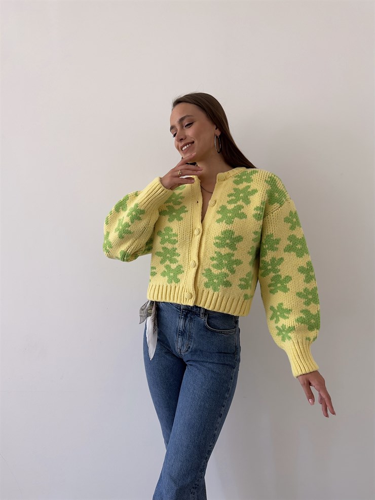 Önü Düğme Kapamalı Çiçek Desenli Glen Kadın Sarı Hırka 23K000170