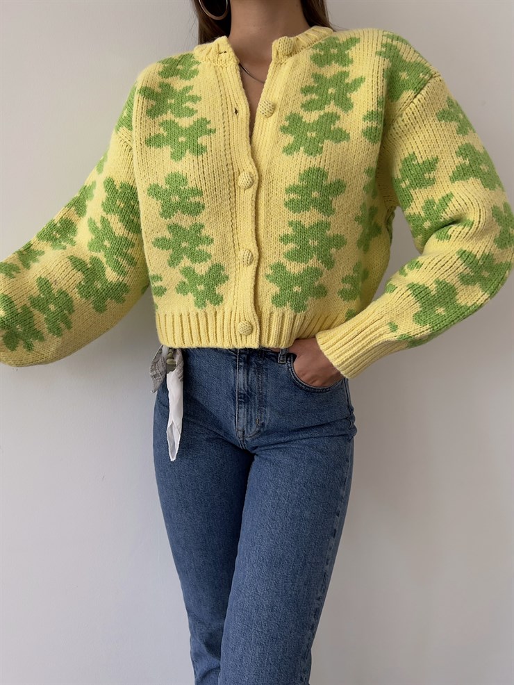 Önü Düğme Kapamalı Çiçek Desenli Glen Kadın Sarı Hırka 23K000170