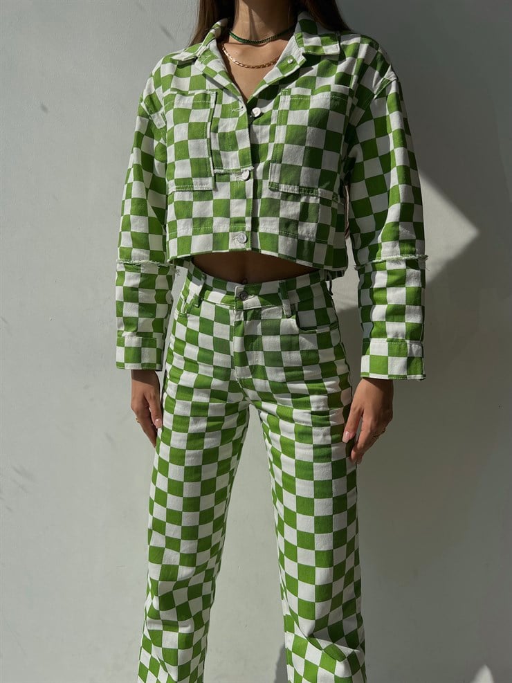 Önü Düğme Kapamalı Desenli Breno Kadın Yeşil Crop Ceket 23K000132