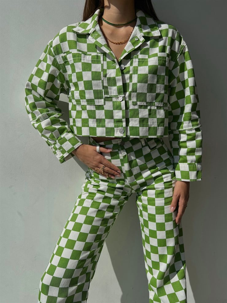 Önü Düğme Kapamalı Desenli Breno Kadın Yeşil Crop Ceket 23K000132