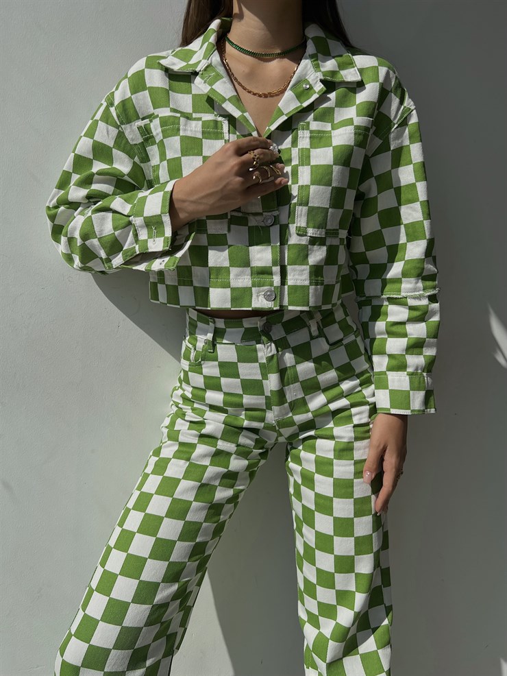 Önü Düğme Kapamalı Desenli Breno Kadın Yeşil Crop Ceket 23K000132