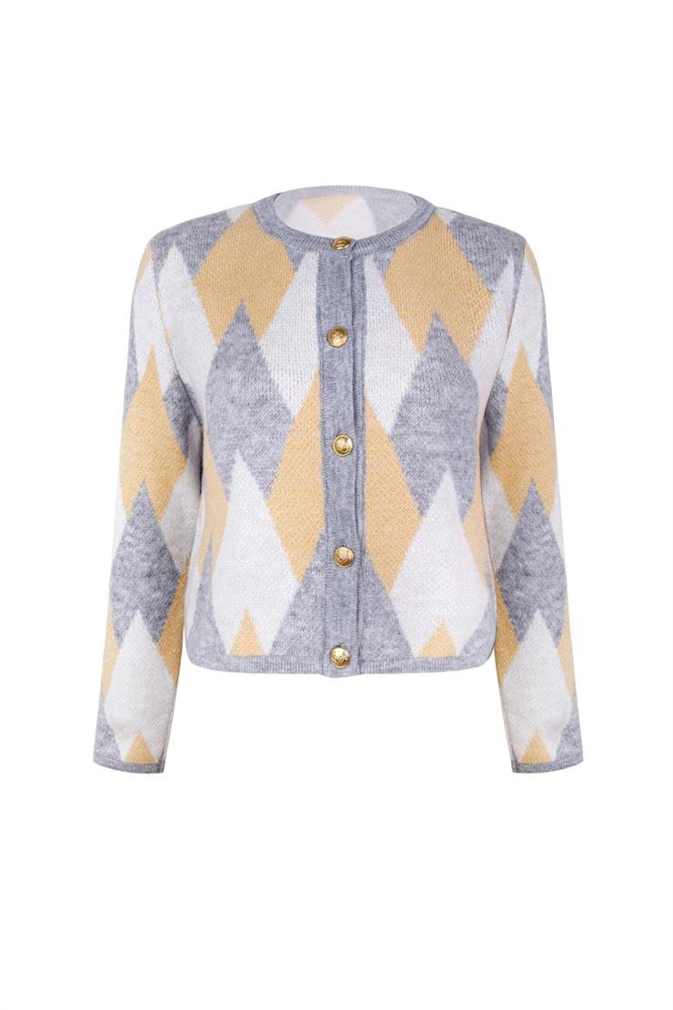 Önü Düğme Kapamalı Desenli Manoj Kadın Renkli Hırka 24k277