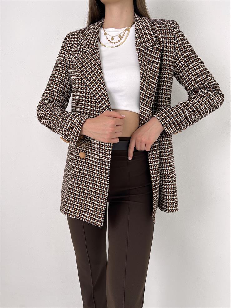 Önü Düğme Kapamalı Micaela Kadın Kahve Tüvit Ceket 23Y000023