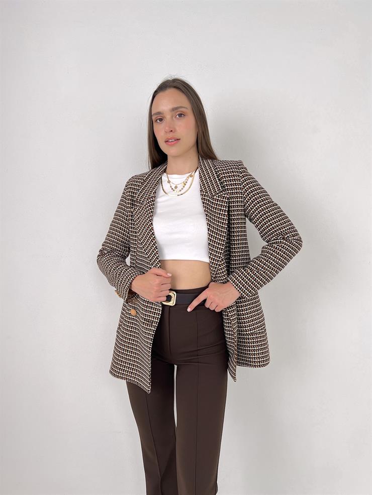 Önü Düğme Kapamalı Micaela Kadın Kahve Tüvit Ceket 23Y000023