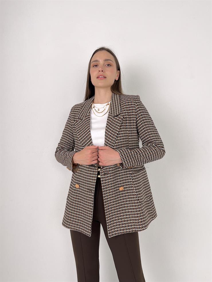 Önü Düğme Kapamalı Micaela Kadın Kahve Tüvit Ceket 23Y000023