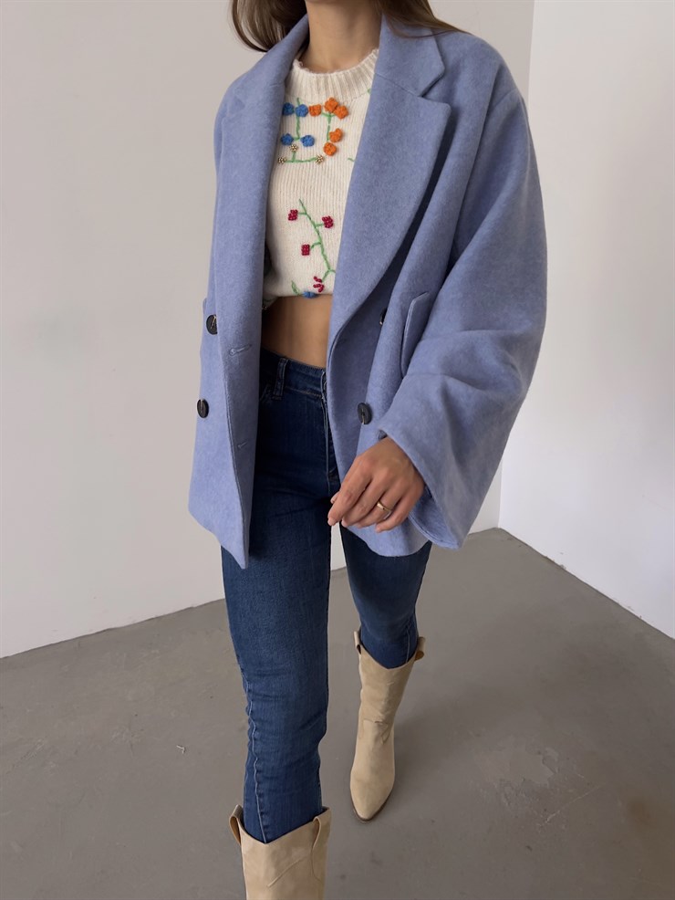 Önü Düğme Kapamalı Oversize Rosana Kadın Mavi Kaban 23K000190