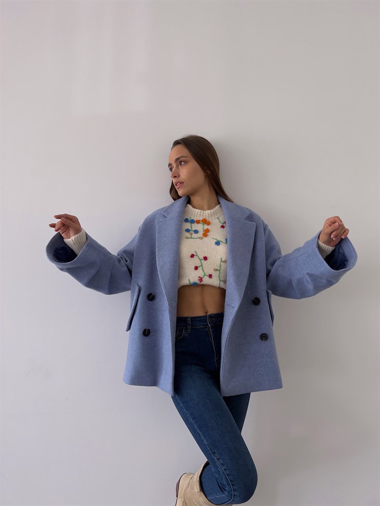 Önü Düğme Kapamalı Oversize Rosana Kadın Mavi Kaban 23K000190