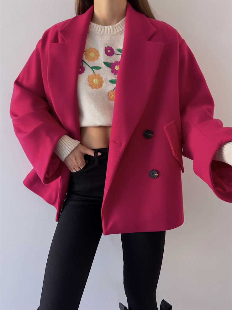 Önü Düğme Kapamalı Oversize Rosana Kadın Fuşya Kaban 23K000190