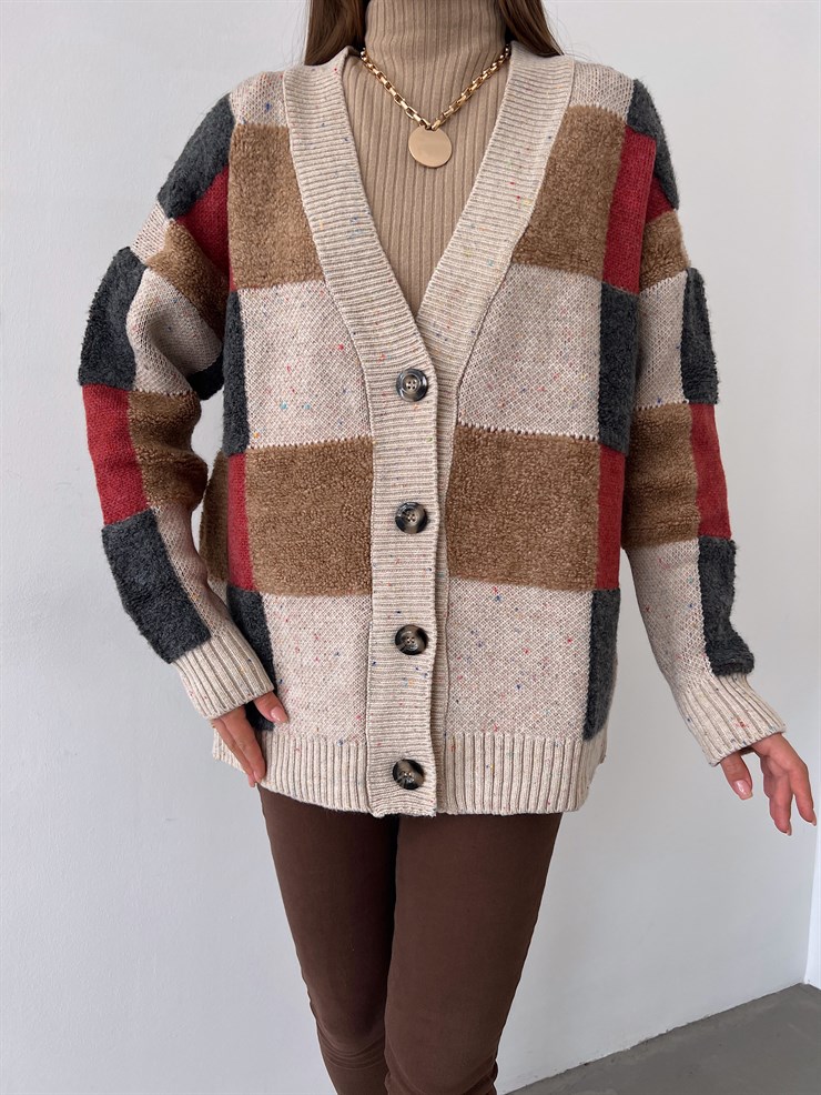 Önü Düğme Kapamalı V Yaka Beleza Kadın Taş Uzun Salaş Triko Hırka 23K000172