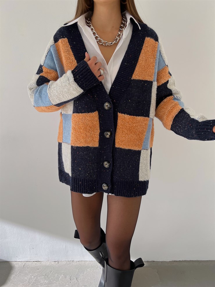 Önü Düğme Kapamalı V Yaka Beleza Kadın Lacivert Uzun Salaş Triko Hırka 23K000172