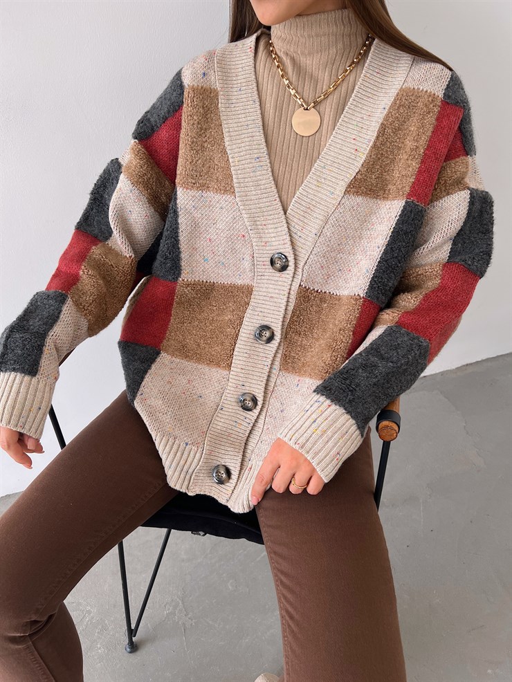 Önü Düğme Kapamalı V Yaka Beleza Kadın Taş Uzun Salaş Triko Hırka 23K000172