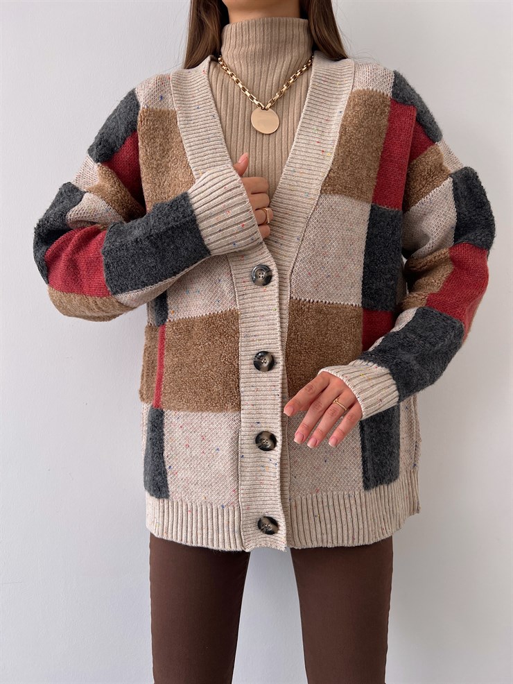 Önü Düğme Kapamalı V Yaka Beleza Kadın Taş Uzun Salaş Triko Hırka 23K000172