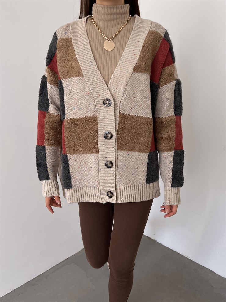 Önü Düğme Kapamalı V Yaka Beleza Kadın Taş Uzun Salaş Triko Hırka 23K000172