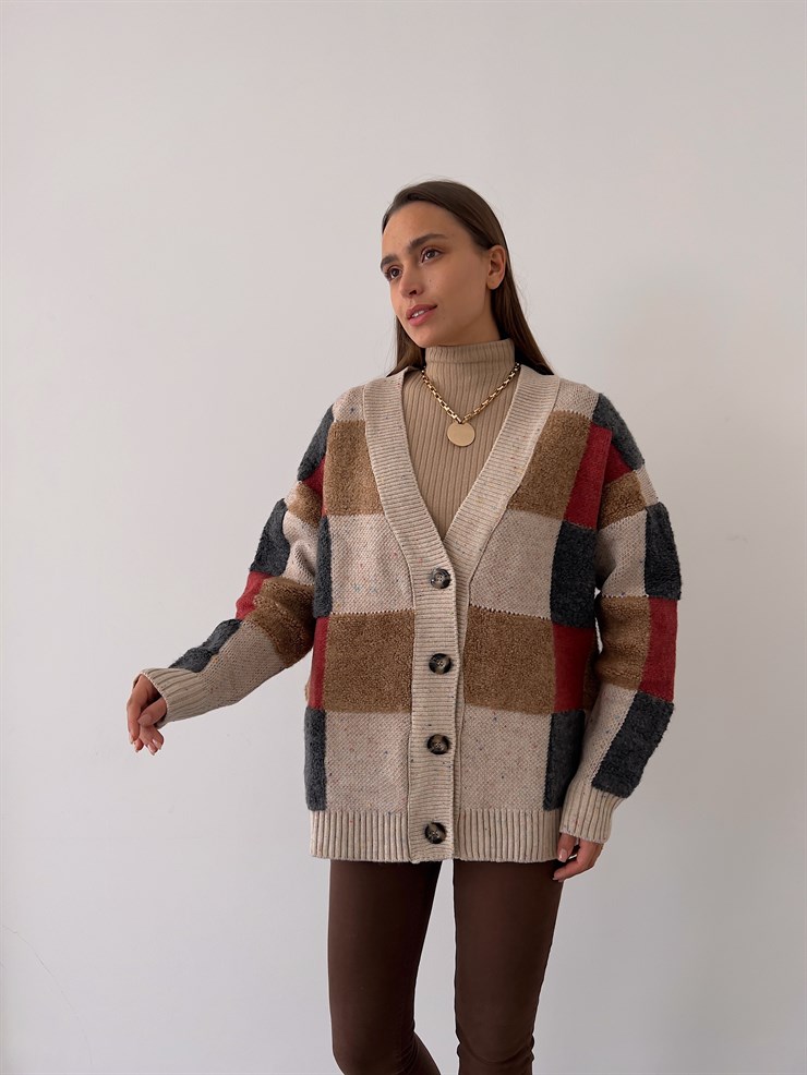 Önü Düğme Kapamalı V Yaka Beleza Kadın Taş Uzun Salaş Triko Hırka 23K000172