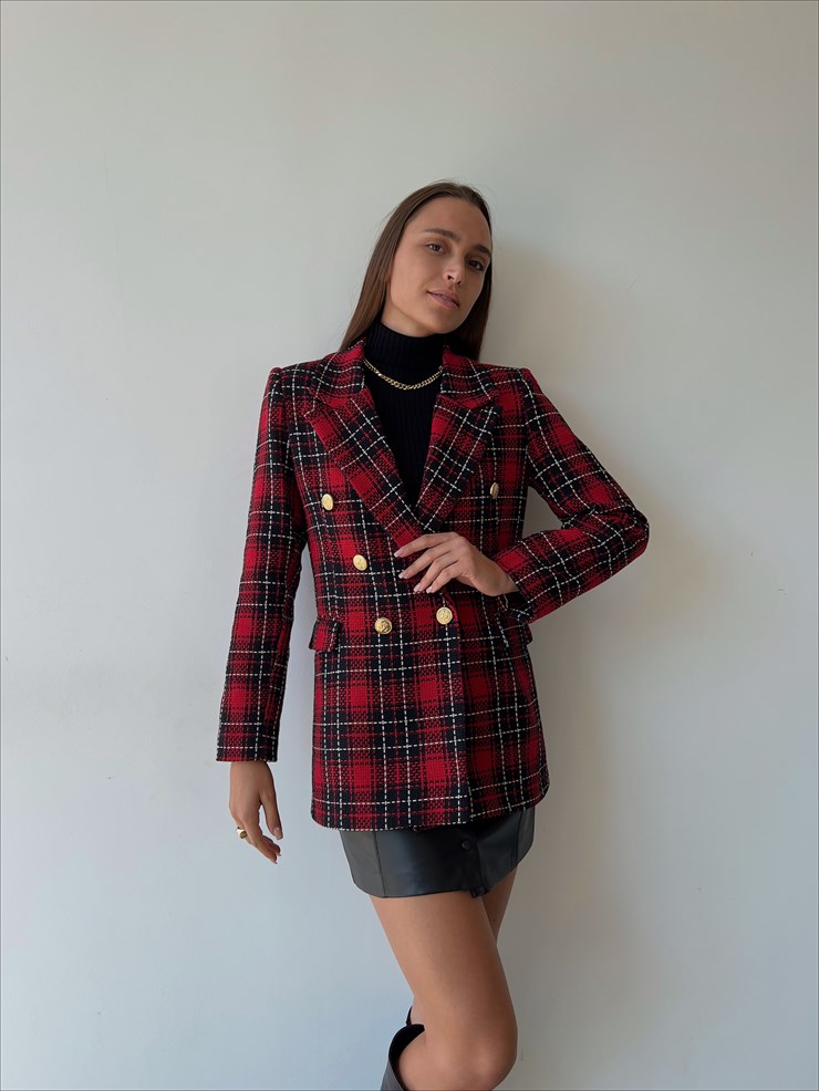 Önü Düğme Kapamalı Yanları Cep Görünümlü Arley Kadın Kırmızı Ekoseli Ceket 23K000125