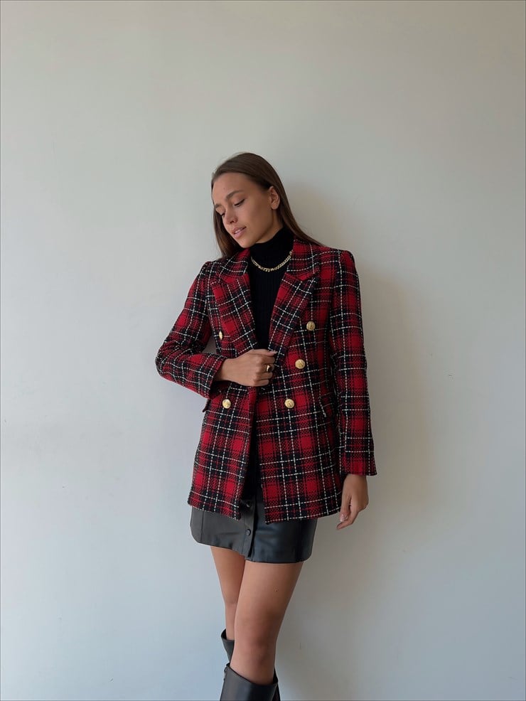 Önü Düğme Kapamalı Yanları Cep Görünümlü Arley Kadın Kırmızı Ekoseli Ceket 23K000125