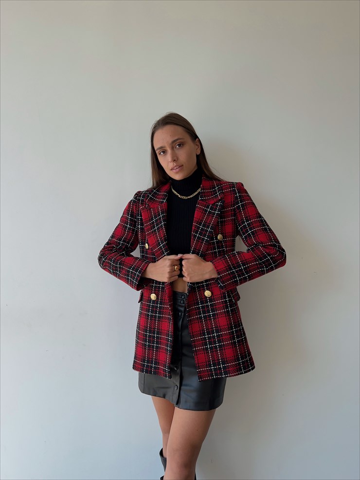 Önü Düğme Kapamalı Yanları Cep Görünümlü Arley Kadın Kırmızı Ekoseli Ceket 23K000125