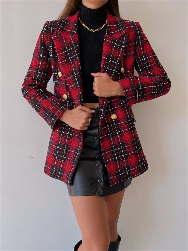 Önü Düğme Kapamalı Yanları Cep Görünümlü Arley Kadın Kırmızı Ekoseli Ceket 23K000125