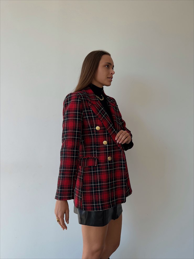 Önü Düğme Kapamalı Yanları Cep Görünümlü Arley Kadın Kırmızı Ekoseli Ceket 23K000125