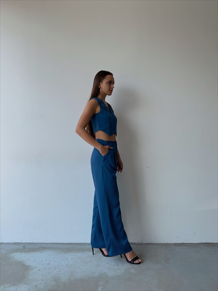 Önü Düğme Kapamalı Yelek Önden Düğmeli Yanları Cepli Bol Paça Adilson Kadın İndigo Alt-Üst takım 23K000119