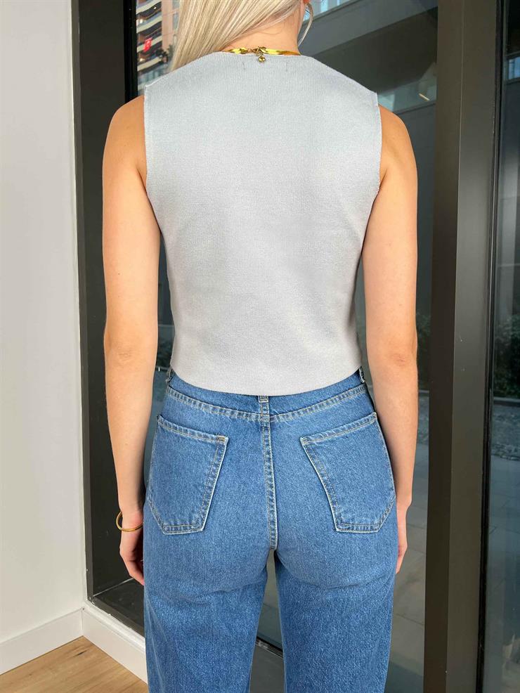 Önü Düğmeli Meery Kadın Gri Crop Yelek Hırka 24k000166