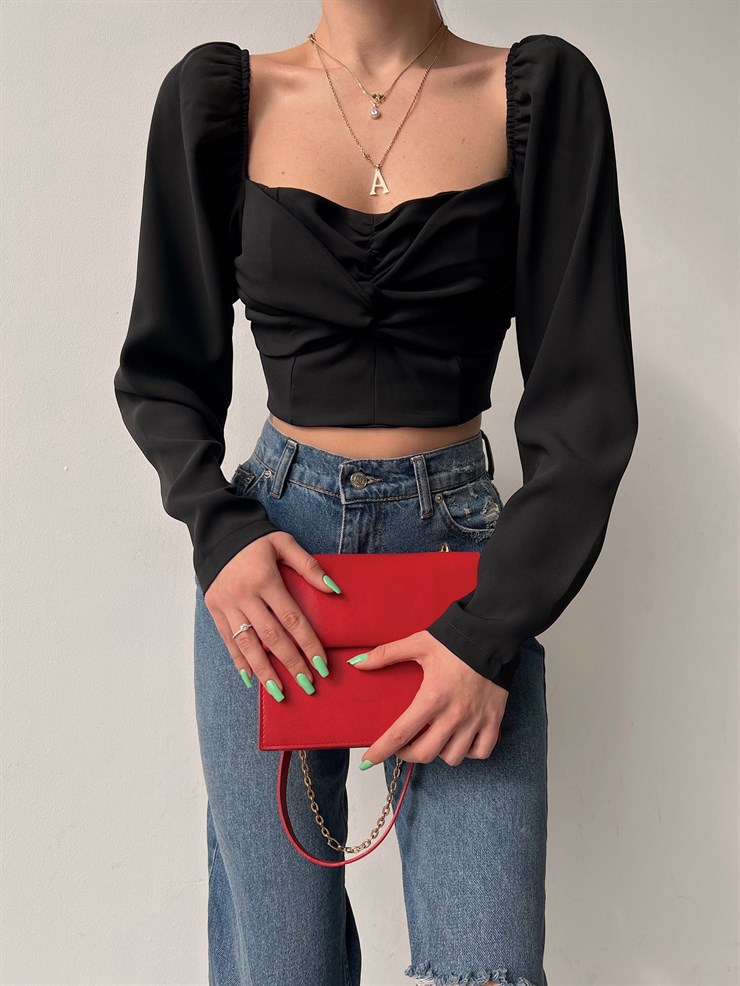 Önü Düğüm Detay Sırtı Gipeli Martha Kadın Siyah Crop Bluz 22K000629