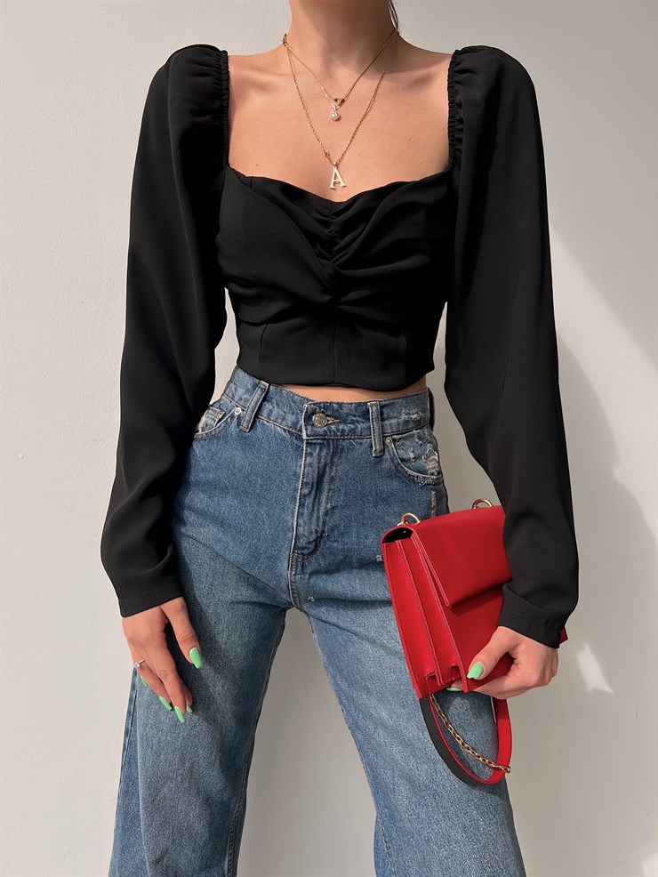 Önü Düğüm Detay Sırtı Gipeli Martha Kadın Siyah Crop Bluz 22K000629