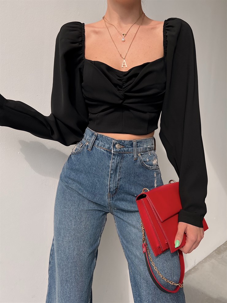 Önü Düğüm Detay Sırtı Gipeli Martha Kadın Siyah Crop Bluz 22K000629