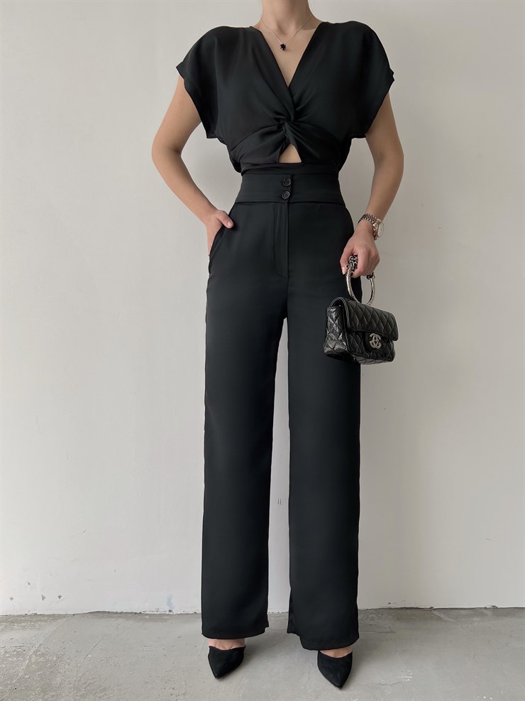 Önü Düğüm Detaylı Lastikli Bel Kenyon Kadın Siyah Bluz 22Y000239