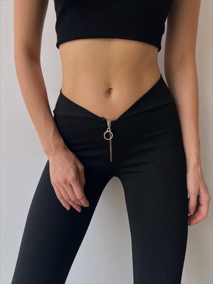 Önü Fermuarlı Düşük Bel Kadın Siyah Tayt 22K000029