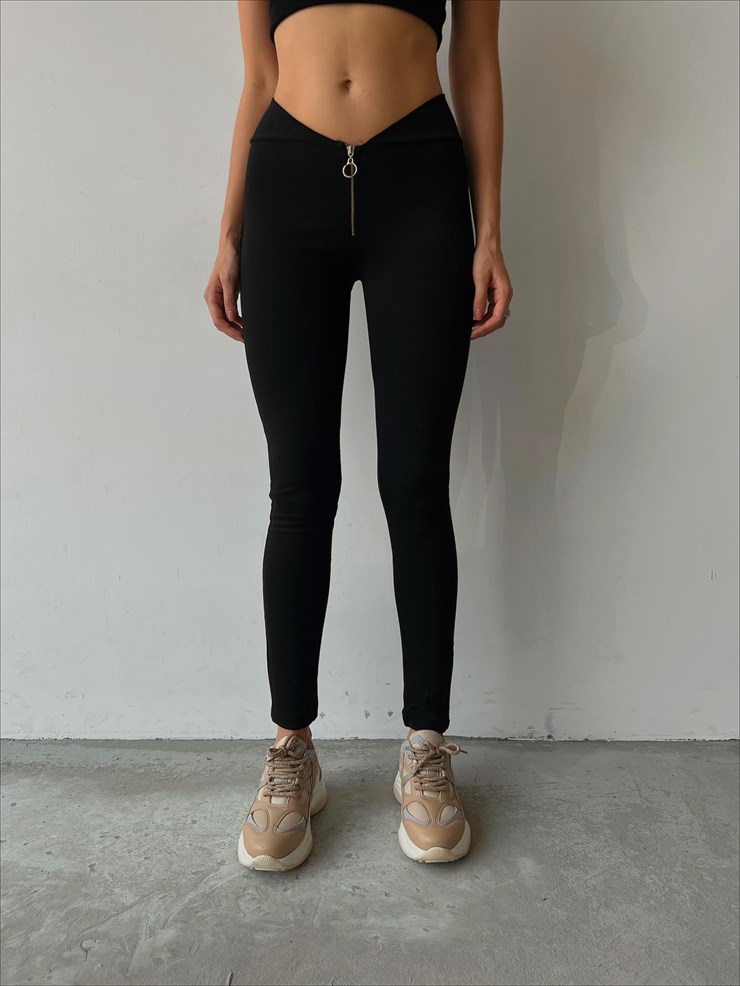 Önü Fermuarlı Düşük Bel Kadın Siyah Tayt 22K000029