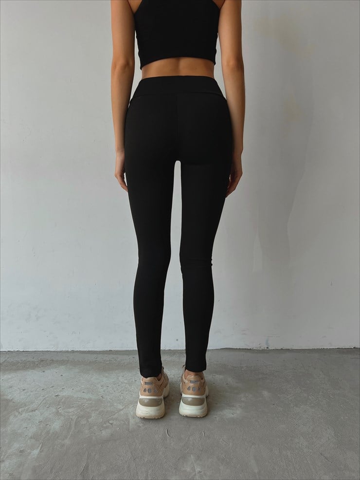 Önü Fermuarlı Düşük Bel Kadın Siyah Tayt 22K000029