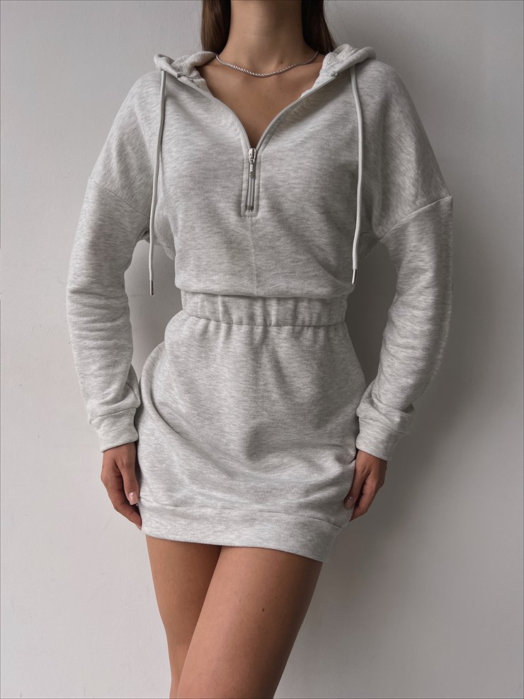 Önü Fermuarlı Kapüşonlu Belden Lastikli Sollemnia Kadın Gri Sweat Elbise 23K000108