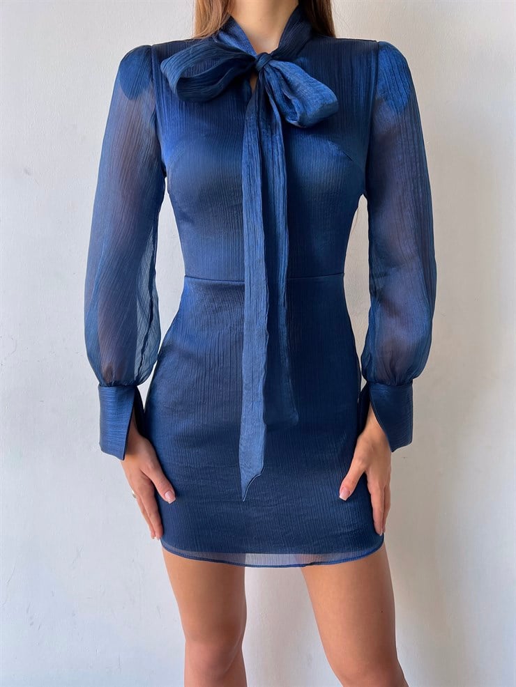 Önü Kurdele Bağlamalı Uzun Tül Kol Willie Kadın Saks Mini Elbise 23K000178