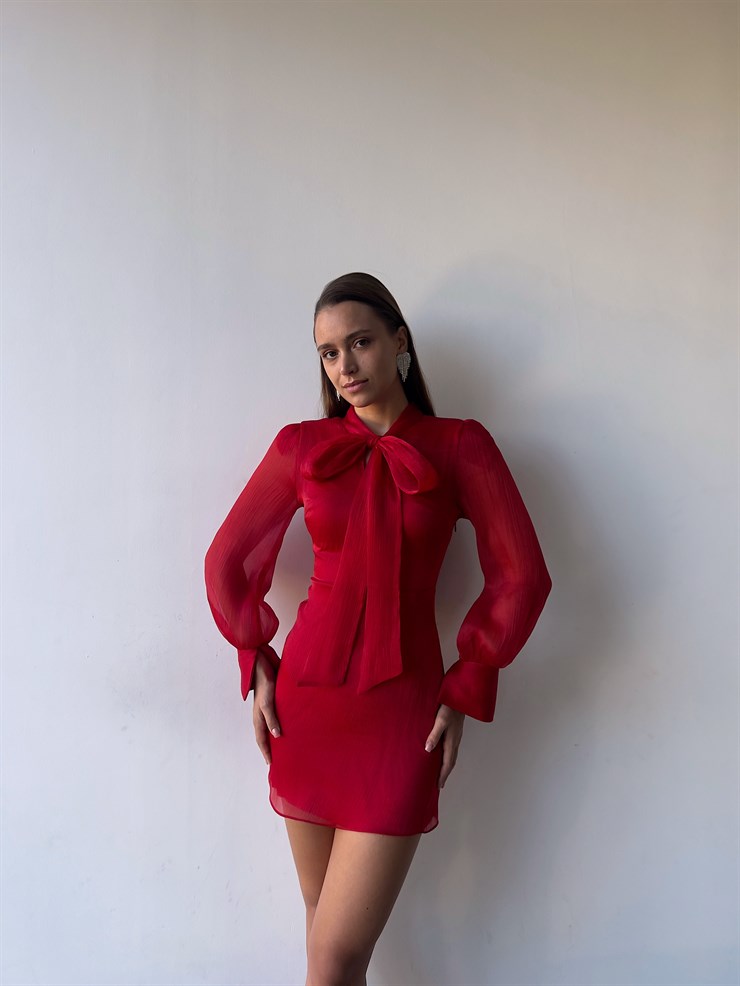 Önü Kurdele Bağlamalı Uzun Tül Kol Willie Kadın Kırmızı Mini Elbise 23K000178