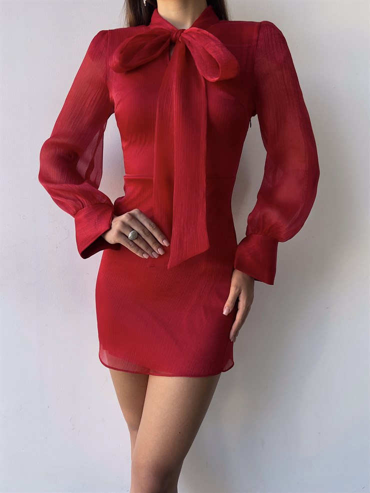 Önü Kurdele Bağlamalı Uzun Tül Kol Willie Kadın Kırmızı Mini Elbise 23K000178