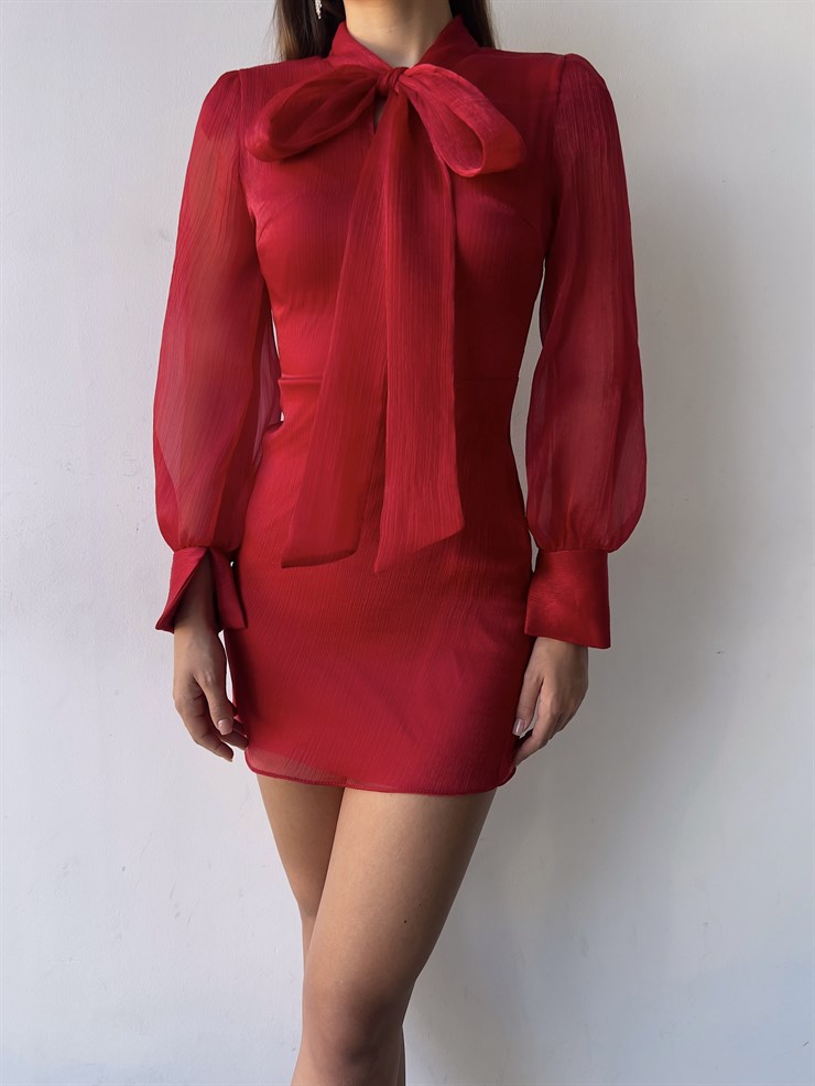 Önü Kurdele Bağlamalı Uzun Tül Kol Willie Kadın Kırmızı Mini Elbise 23K000178