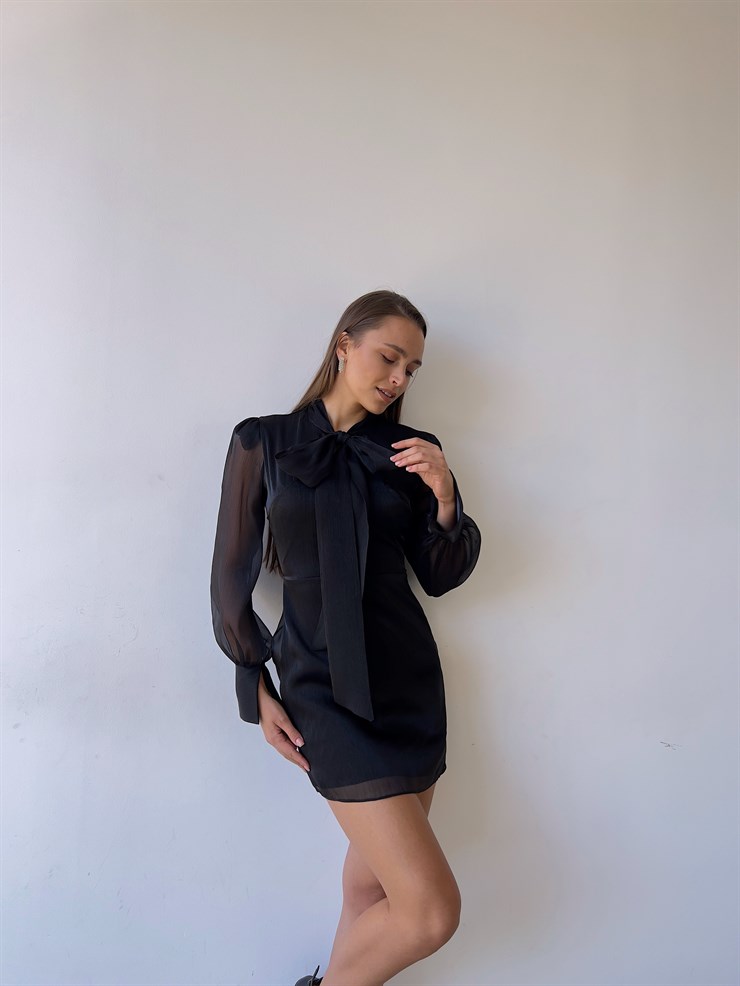 Önü Kurdele Bağlamalı Uzun Tül Kol Willie Kadın Siyah Mini Elbise 23K000178