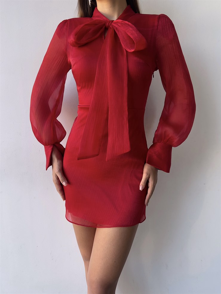 Önü Kurdele Bağlamalı Uzun Tül Kol Willie Kadın Kırmızı Mini Elbise 23K000178