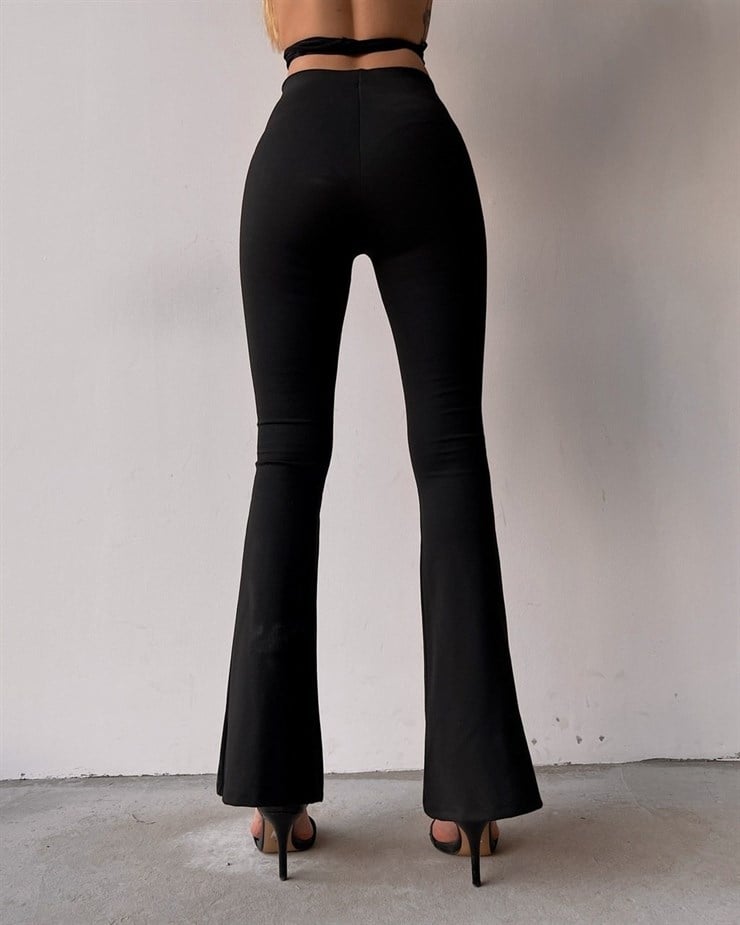 Önü Şerit Bağcık Detaylı İspanyol Paça Kadın Siyah Tayt Pantolon 22K000471