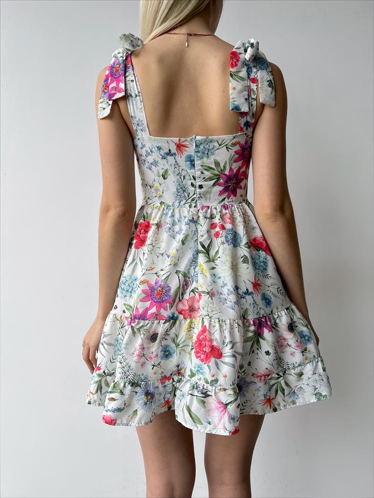 Bağlamalı Kalın Askı Ophelia Kadın Çiçekli Beyaz Mini Elbise 23Y000259