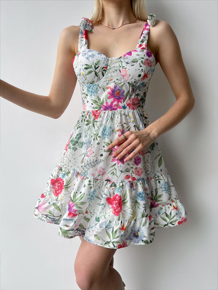 Bağlamalı Kalın Askı Ophelia Kadın Çiçekli Beyaz Mini Elbise 23Y000259