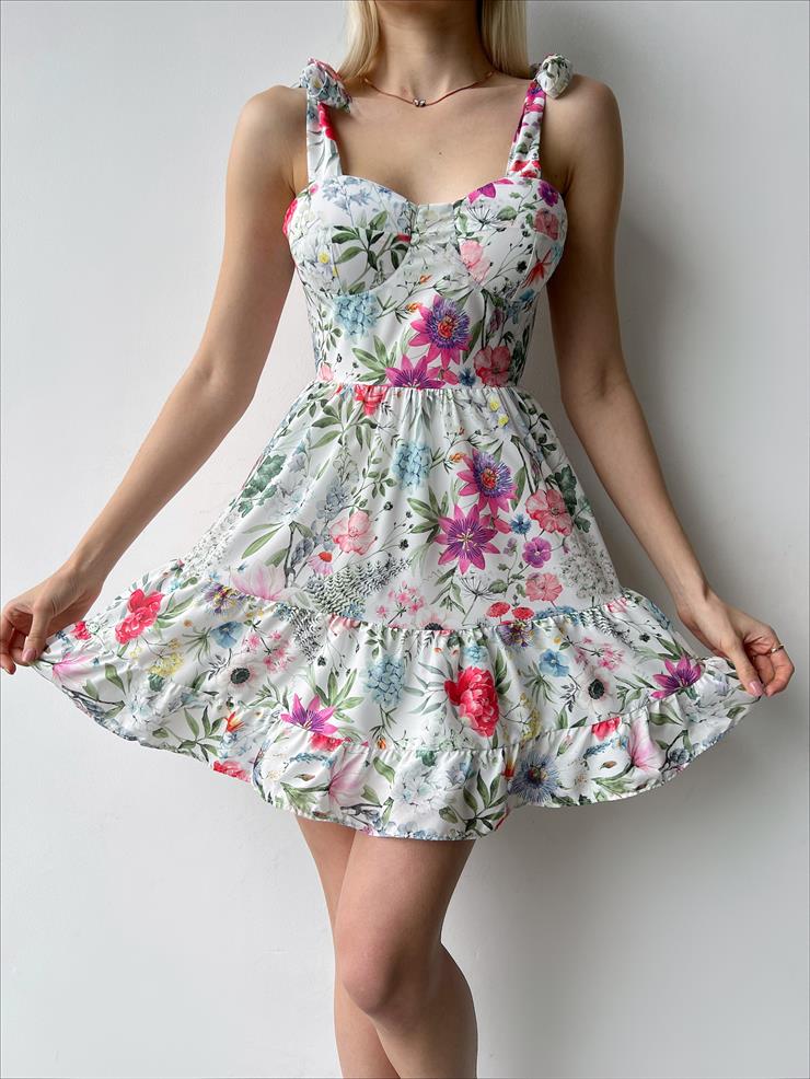 Bağlamalı Kalın Askı Ophelia Kadın Çiçekli Beyaz Mini Elbise 23Y000259