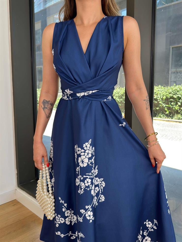 V Yaka Belden Bağlama Detaylı Opsen Lacivert Kadın Elbise 25Y494