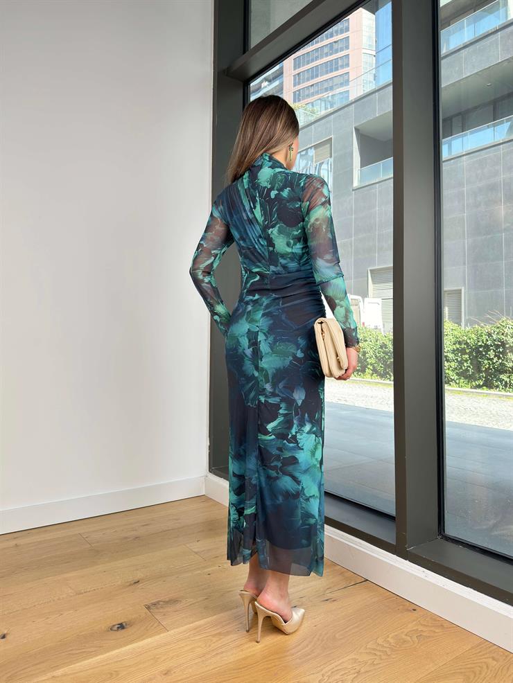 Balıkçı Yaka Uzun Kol Drapeli Opşın Desenli Yeşil Kadın Elbise 25Y122