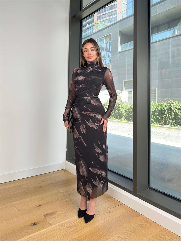 Balıkçı Yaka Uzun Kol Drapeli Opşın Desenli Siyah Kadın Elbise 25Y122