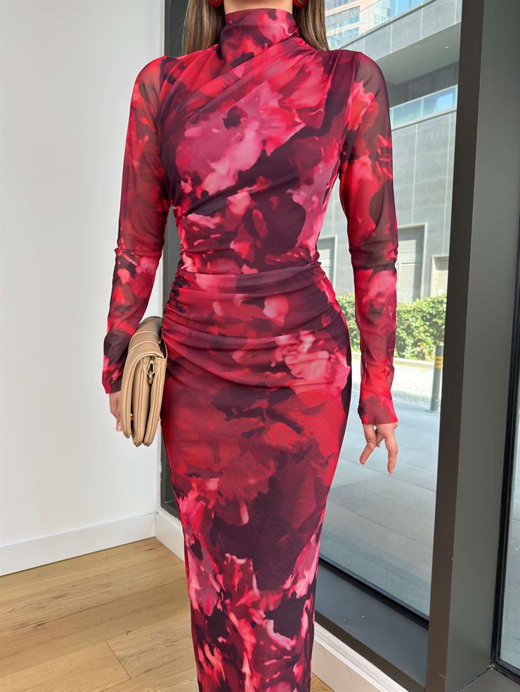 Balıkçı Yaka Uzun Kol Drapeli Opşın Desenli Fuşya Kadın Elbise 25Y122